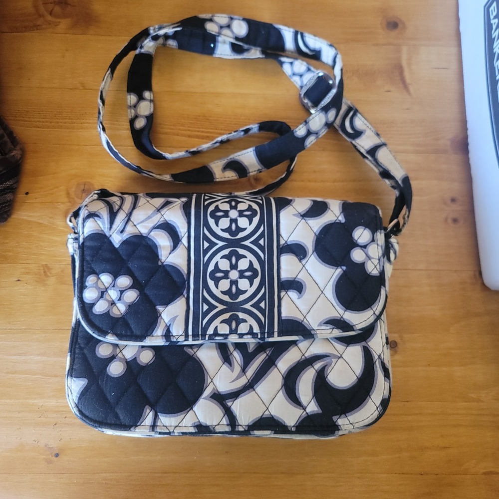 Vera Bradley Crossbody Bag Floral Quilted Black White Purse